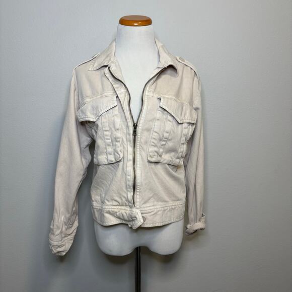 Young Fabulous Broke Crop Jacket Utility Style Pockets Zip Up Beige Casual Small - Picture 2 of 7